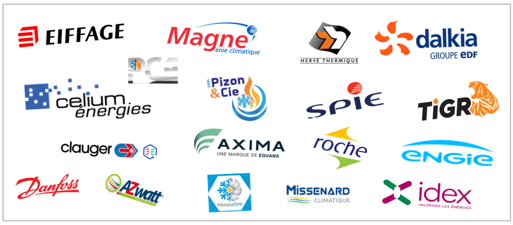 Logos des entreprises partenaires de confiance de EMG Isolation, incluant Dalkia, Eiffage, Engie, Spie, Hervé Thermique, Danfoss, Clauger, et Axima